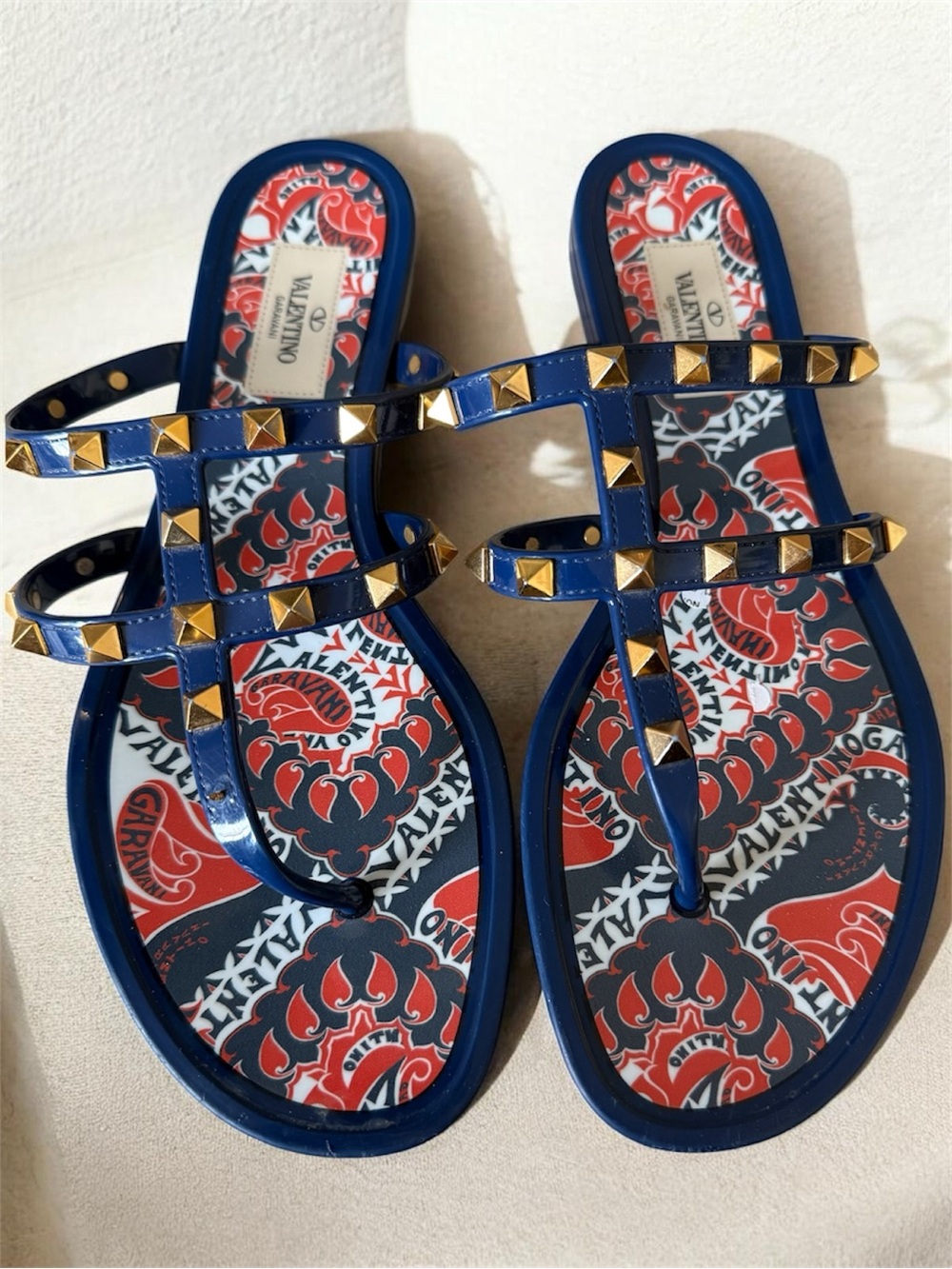 Valentino Blue Jelly Rockstud Logo Print Thong Sandals